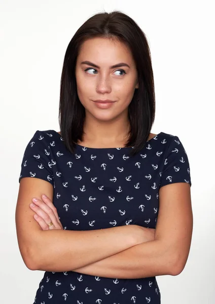 Ragazza Carina Che Guarda Parte Isolato Sfondo Bianco — Foto Stock