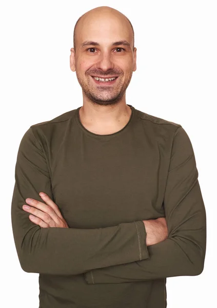 Feliz Homem Meia Idade Retrato Cara Careca Shirt Mantendo Braços — Fotografia de Stock