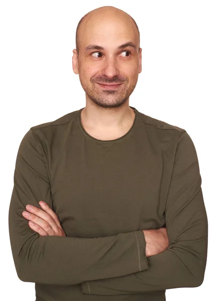 Retrato Homem Careca Meia Idade Feliz Olhando Para Lado Isolado — Fotografia de Stock