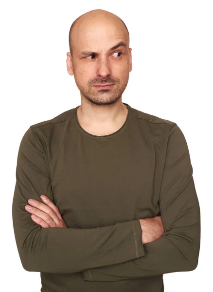 Serious Middle Aged Bald Man Dressed Shirt Isolated White Background — Stock Photo, Image