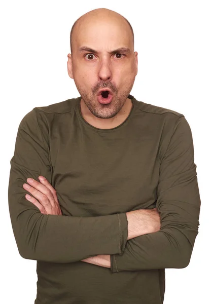Shocked Bald Guy Looking Camera Serious Man Isolated White — Stock Photo, Image