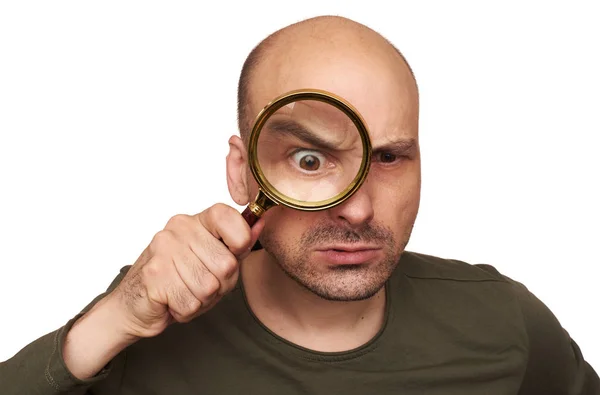 Shocked Bald Man Looking Magnifying Glass Isolated White Background — Stock Photo, Image