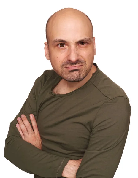 Portrait Disgusted Man Serious Bald Guy Looking You Isolated — Stock Photo, Image