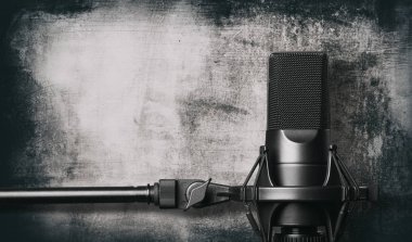Siyah metal stüdyo kondansatör mikrofon. Yan görünüm