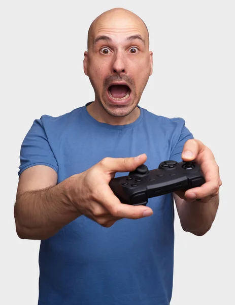 Frightened Middle Aged Man Playing Video Game Isolated Grey — Stock Photo, Image