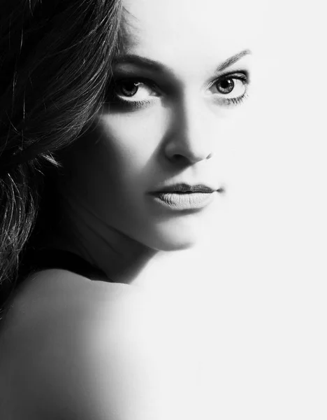 Beautiful Woman Face Close Studio Shot Black White Photo Pretty — Stock Photo, Image