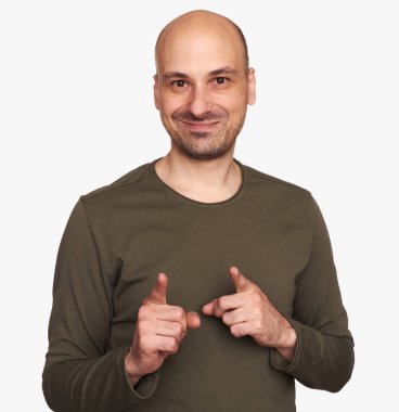 gülümseyen ve sana işaret kel adam. Dost yakışıklı orta yaşlı adam. Beyaz izole