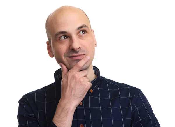 Retrato Homem Bonito Pensar Careca Cara Vestido Com Camisa Segurando — Fotografia de Stock