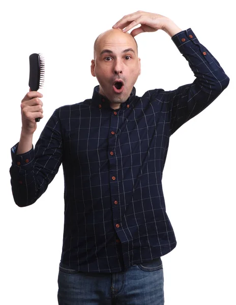 Шокований Чоловік Тримає Голову Волосся Концепція Випадання Волосся Смішний Лисий — стокове фото
