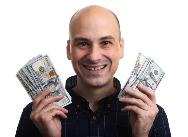 Feliz Hombre Calvo Está Sosteniendo Algo Dinero Sonriendo Aislado Sobre —  Fotos de Stock