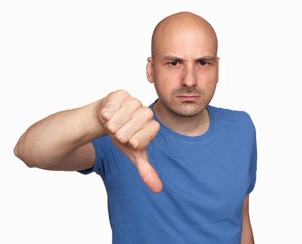Başparmağını Aşağı Hareketi Huysuz Kel Adam Kızgın Adam Gösterilen Işareti — Stok fotoğraf