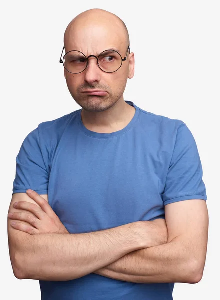 Angry Bald Man Eyeglasses Looking Away Serious Guy Doubting — Stock Photo, Image