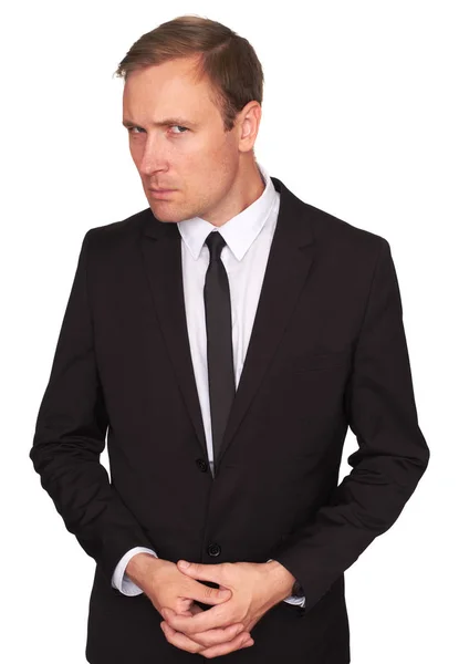 Man Looking You Suspicion Expression Cunning Businessman Isolated White — Stock Photo, Image