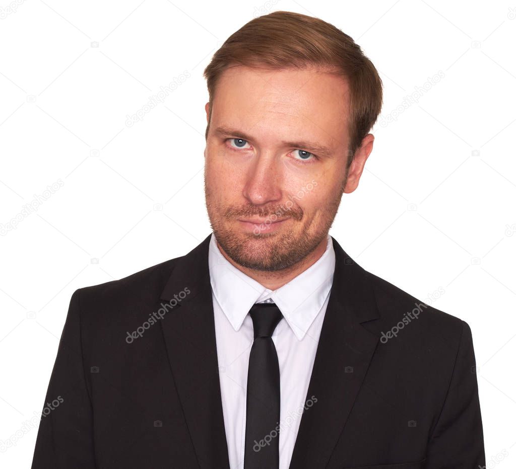 businessman with sceptical expression isolated on white background.
