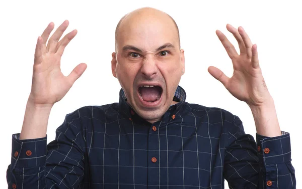 Wütender Mann Der Dich Anschreit Wütender Glatzkopf Isoliert Auf Weiß — Stockfoto