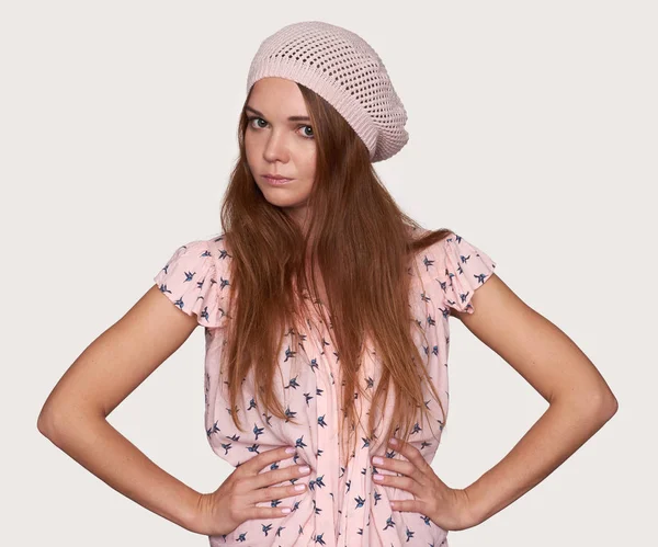 Pretty Hipster Woman Wearing Hat Girl Hands Hips Isolated Gray — Stock Photo, Image