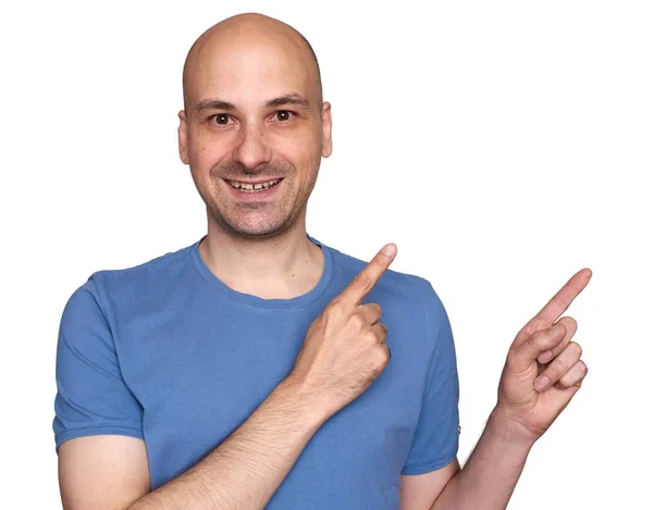 Anos Careca Feliz Apontar Dedos Para Lado Isolado Branco — Fotografia de Stock