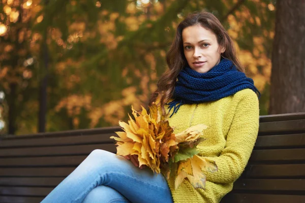 Hübsche Frau Herbstpark Porträt Eines Schönen Mädchens Das Auf Einer — Stockfoto