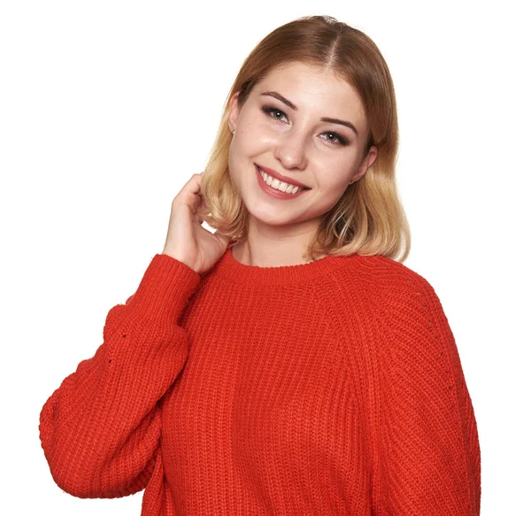 Mulher Alegre Camisola Vermelha Menina Bonita Sorrindo Isolado Fundo Branco — Fotografia de Stock