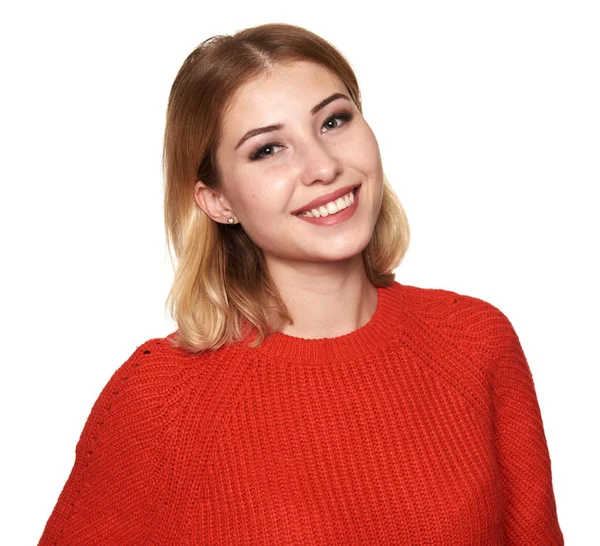 Fröhliche Frau Roten Pullover Hübsches Mädchen Lächelt Isoliert Auf Weißem — Stockfoto
