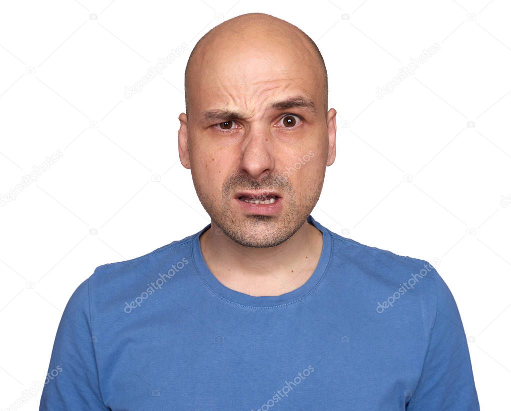 shocked 40s bald man isolated on white studio background