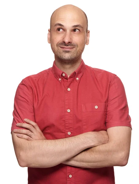 Feliz Homem Careca Meia Idade Olhando Para Cima Isolado Fundo — Fotografia de Stock