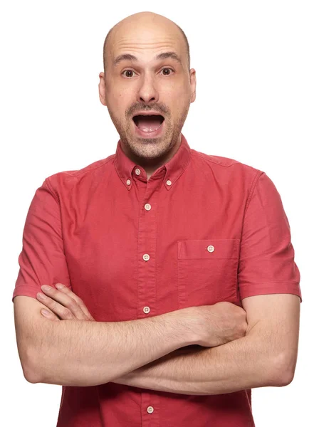 Chocado Meia Idade Careca Homem Isolado Branco Estúdio Fundo — Fotografia de Stock