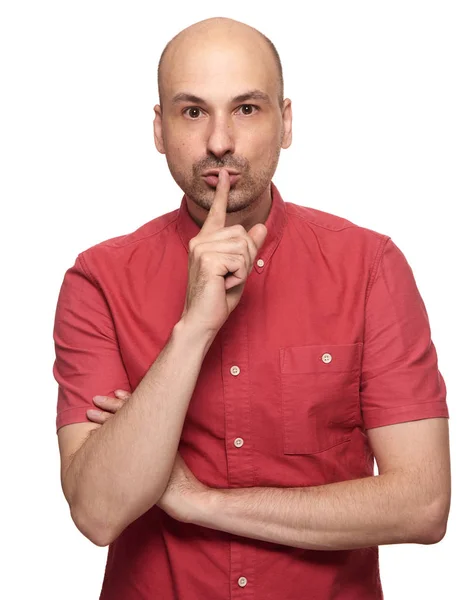 Homem Careca Meia Idade Fazendo Shh Gesto Isolado Sobre Fundo — Fotografia de Stock