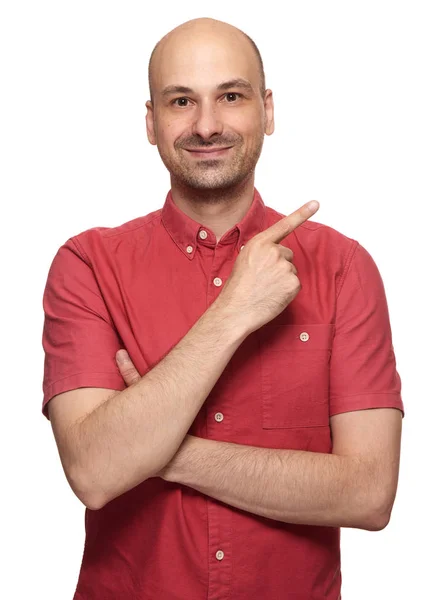 Anos Careca Apontando Dedo Isolado Fundo Estúdio Branco — Fotografia de Stock