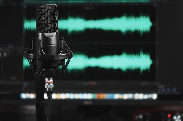 Profesyonel Mikrofon Bir Stand Ses Evde Kayıt — Stok fotoğraf