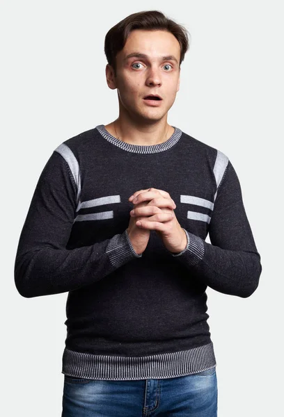 Shocked Man Sweater Jeans Isolated Gray — Stock Photo, Image