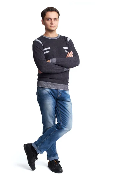 Full Body Portrait Handsome Man Sweater Jeans Isolated White Studio — Stock Photo, Image