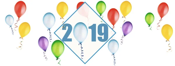 Banner Con Palloncini Nuovo Anno 2019 Natale Isolato Bianco — Foto Stock