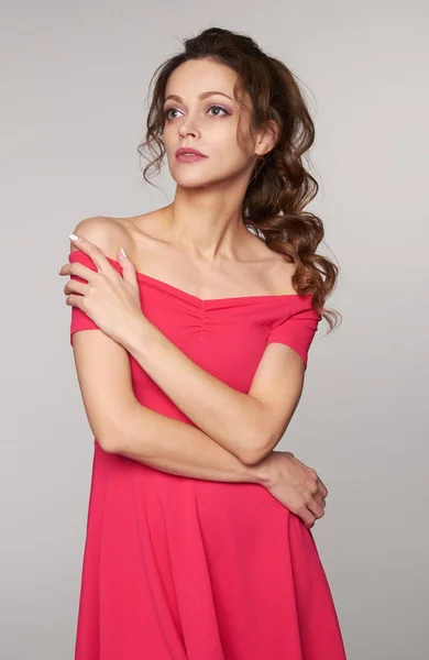 Beautiful Young Woman Pink Dress Looking Away Isolated Studio Grey — Stock Photo, Image