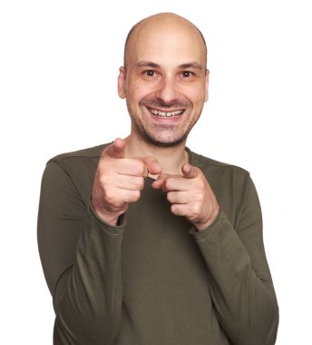 Sana suçlamayı komik kel adam. Beyaz izole