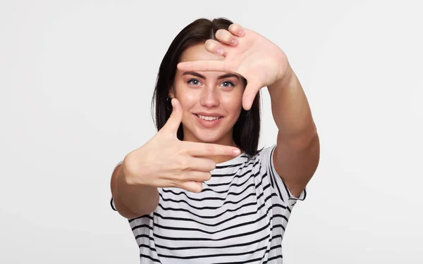 Pretty Girl Making Frame Hands Taking Picture Imaginary Camera Isolated — Stock Photo, Image