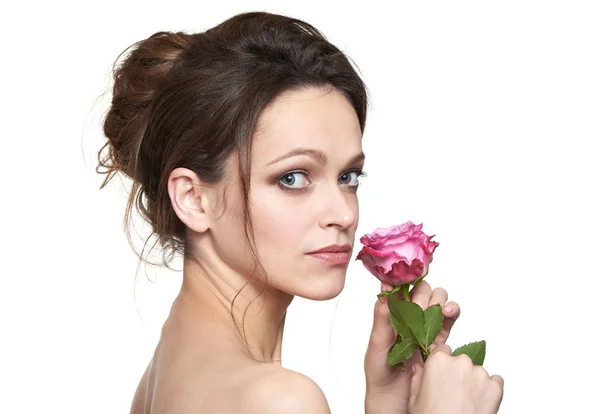 Beauty Portrait Woman Rose Flower Spa Skin Care Isolated White — Stock Photo, Image