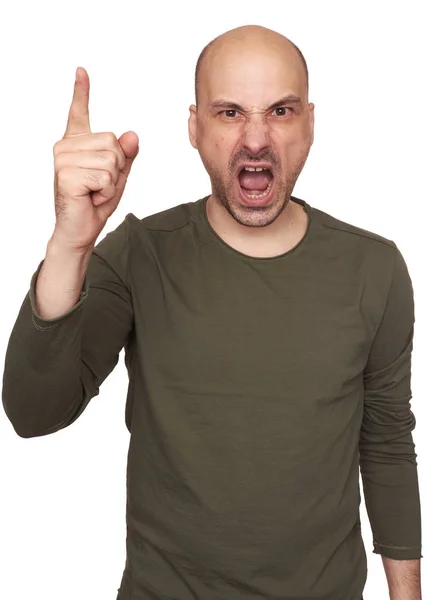Angry Mature Man Shouting Gesturing His Finger Isolated White — Stock Photo, Image