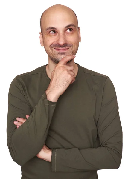 Cheerful Man Dreams Something Bald Guy Looking Thinking Isolated White — Stock Photo, Image