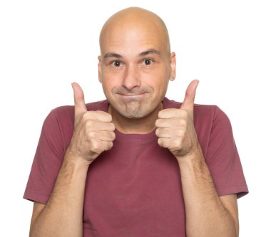 Kel adam izole üzerinde beyaz Yaşasın gösterilen