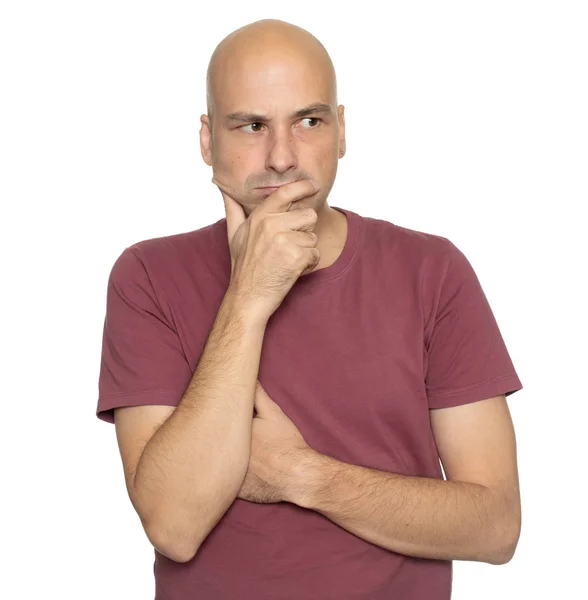 Sério Homem Careca Pensando Olhando Para Lado Isolado Fundo Branco — Fotografia de Stock