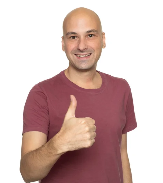 Hombre Calvo Alegre Mostrando Pulgar Hacia Arriba Aislado Sobre Blanco — Foto de Stock