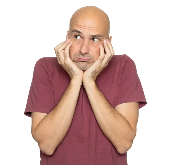 Thoughtful Middle Aged Bald Man Thinking Sad Guy Looking Isolated — Stock Photo, Image