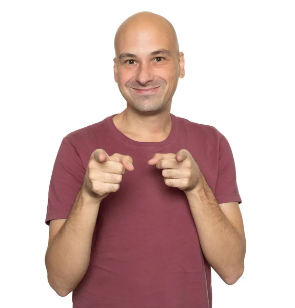 Homem Careca Apontando Seus Dedos Para Você Isolado Branco — Fotografia de Stock