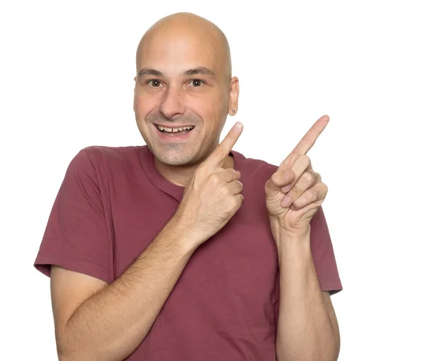 Cheerful Bald Man Pointing Finger Isolated — Stock Photo, Image