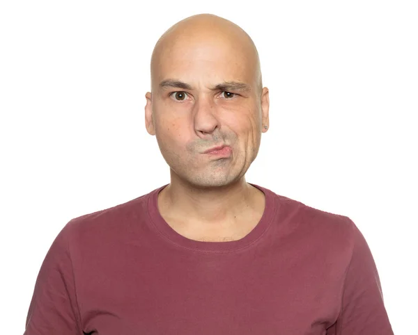Bald Man Looking Camera Suspicious Isolated White — Stock Photo, Image