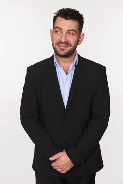 Handsome Bearded Man Black Suit Looking Away Isolated White — Stock Photo, Image