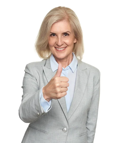 Smiling Mature Attractive Businesswoman Showing Thumbs Isolated White — Stock Photo, Image