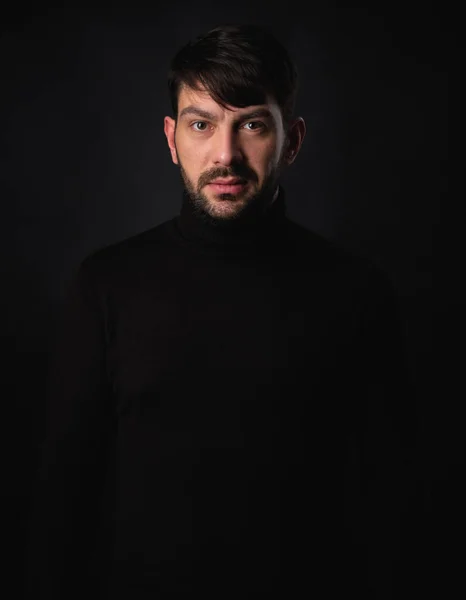 Portrait Handsome Bearded Man Wearing Turtleneck Black Studio Background — Stock Photo, Image