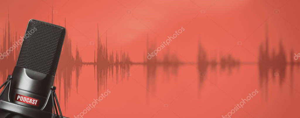 Studio microphone for recording podcasts over color background with sound wave